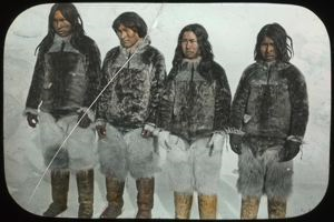 Image of Four Eskimos [Inughuit] at the Pole With Peary [Higdluk, Ûtâk, Íggiánguak’, and Úkujâk]
